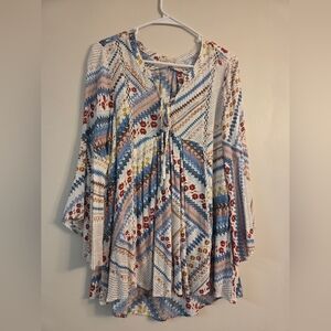 ODDY Women's Top with Blue, Red, and Cream Patterns